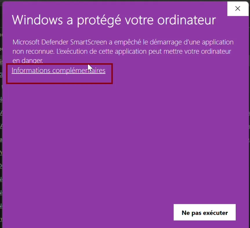 Fenêtre violette SmartScreen de Windows intitulée « Windows a protégé votre ordinateur ». Le lien « Informations complémentaires » est entouré en rouge.