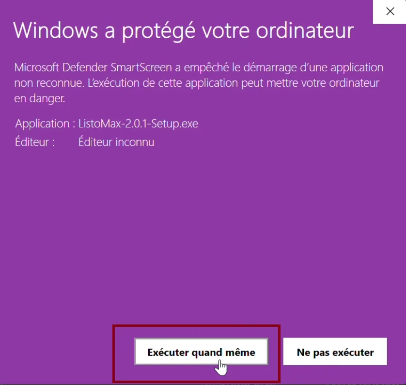 Fenêtre violette SmartScreen après le clic sur « Informations complémentaires ». Le bouton « Exécuter quand même » est entouré en rouge.